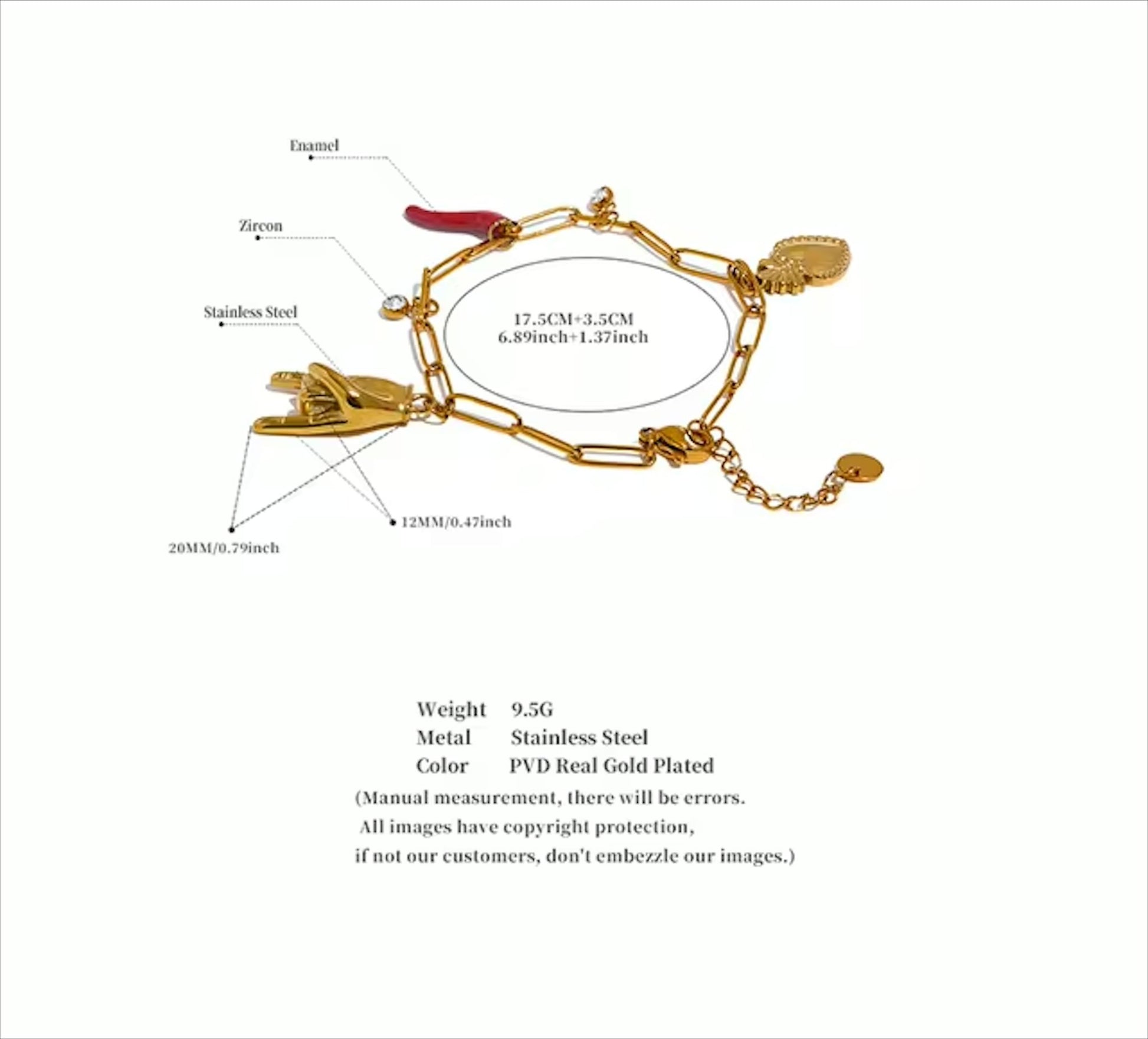 Bracelet à maillons doré en acier inoxydable, décoré de breloques protectrices (main, piment, cœur), bijou fantaisie pour femme.