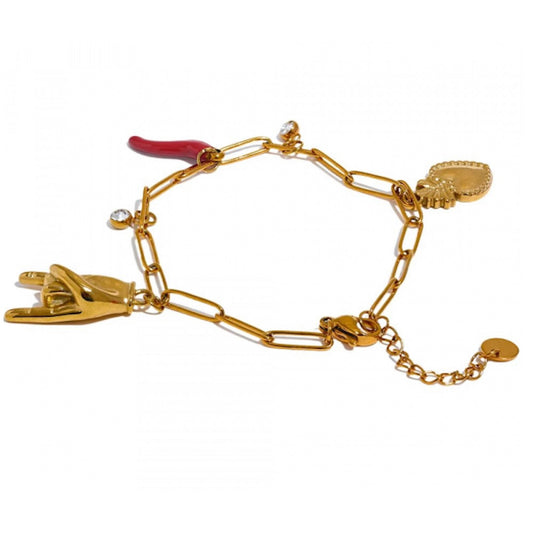Bracelet à maillons doré en acier inoxydable, décoré de breloques protectrices (main, piment, cœur), bijou fantaisie pour femme.